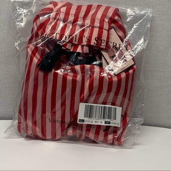 VICTORIA'S SECRET Sz M SIGNATURE RED STRIPED SATIN & BOW SLIPPERS DUST BAG NWT - Picture 3 of 5
